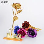 Galaxy Rose Eternal 24K Gold Flower Foil Plastic Artificial Roses Valentines Day Gift Beauty Golden Flowers for Wedding Decor