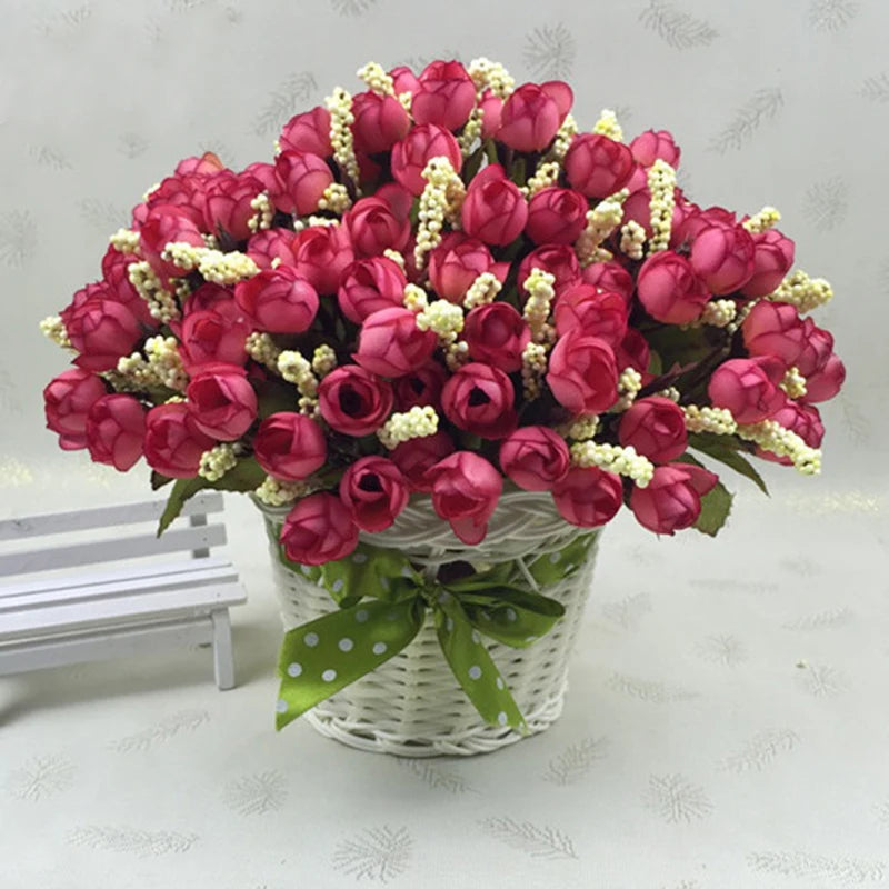 Mini Ramo de Capullos de Rosa — 15 Cabezas de Seda, 7 Colores, Novia y Hogar