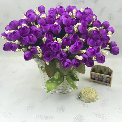 Mini Ramo de Capullos de Rosa — 15 Cabezas de Seda, 7 Colores, Novia y Hogar