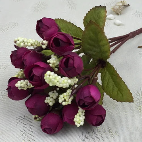 Mini Ramo de Capullos de Rosa — 15 Cabezas de Seda, 7 Colores, Novia y Hogar