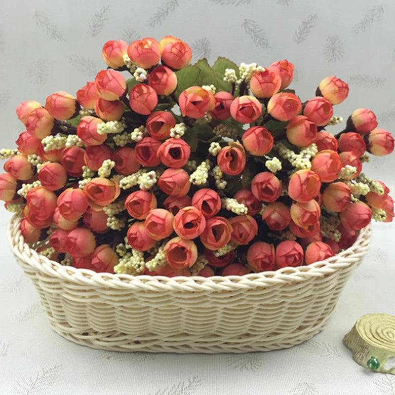 Mini Ramo de Capullos de Rosa — 15 Cabezas de Seda, 7 Colores, Novia y Hogar