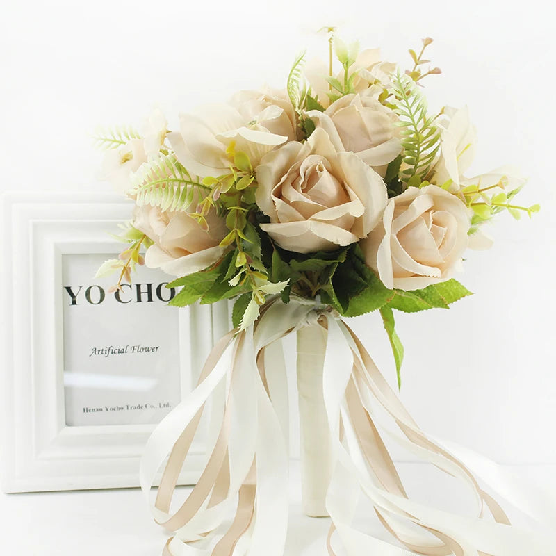Ramo Nupcial Premium de Rosas de Seda — 16 Estilos, Boda y Damas de Honor