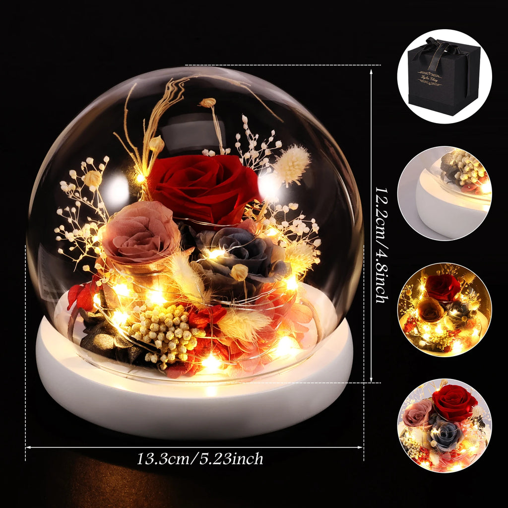 Artificial Flower Tulip Eternal Rose Flower Wedding Decor Handmade DIY LED Night Lamp Foil Glass Dome Preserved Flower Xmas Gift