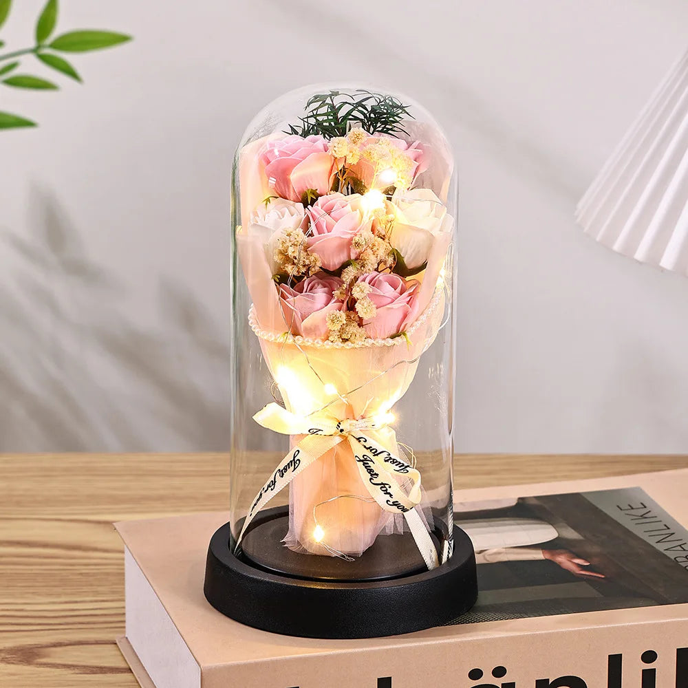 Eternal Rose LED Light glass Cover Flower Valentines Day Gift Wedding Party Decor Artificial Rose Flowers Light Christmas Gift