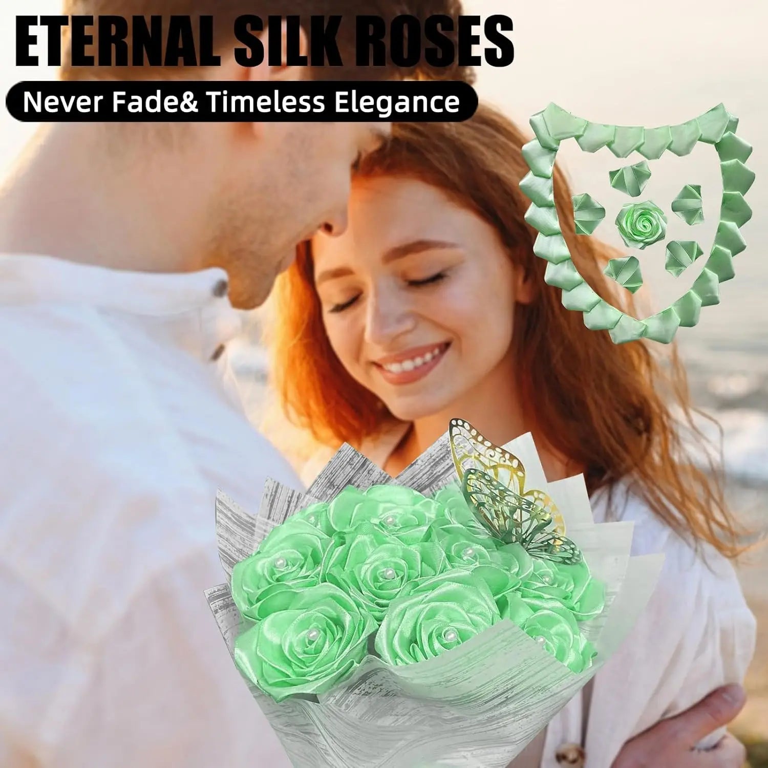 Yannew 300pcs Premade Handcrafted Silk Rose Petals for DIY Eternal Rose Flowers Bouquets with Stem Leaf Birthday Gifts for Women