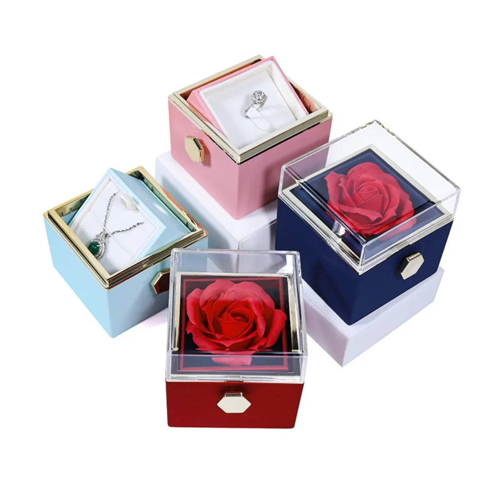 Eternal Rose Rotating Jewelry Box Soap Flower With Gift Bag Ring Box Transparent Lid Acrylic Storage Case Wedding Party