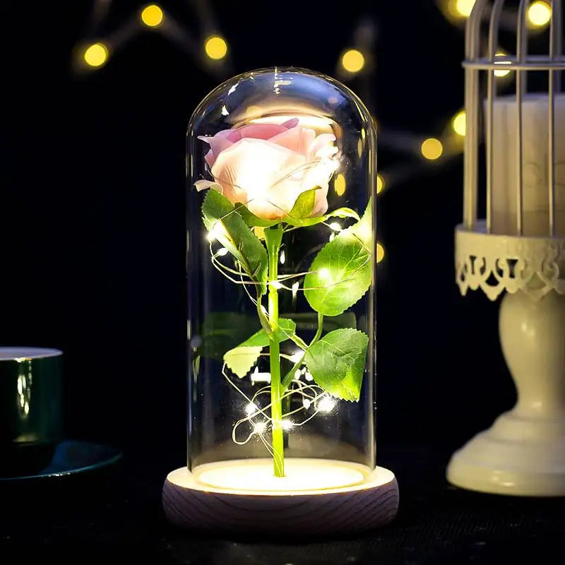 Artificial Rose Flowers Eternal Rose LED Light Foil Flower in Glass Cover Simulation Rose Flower Wedding Mother's Day Gifts