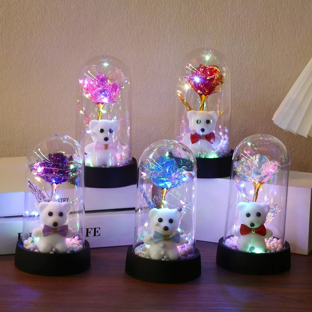 Artificial Rose Foil Flower Bear Decoration with LED Light for Girlfriend Eternal Rose Valentine's Day Wedding Christmas Gifts