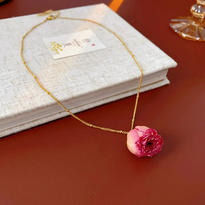 French Elegant Eternal Rose Flower Pendant Necklace Earrings Jewelry Set Women's Fashion Statement Party Ladies Girls Jewelry