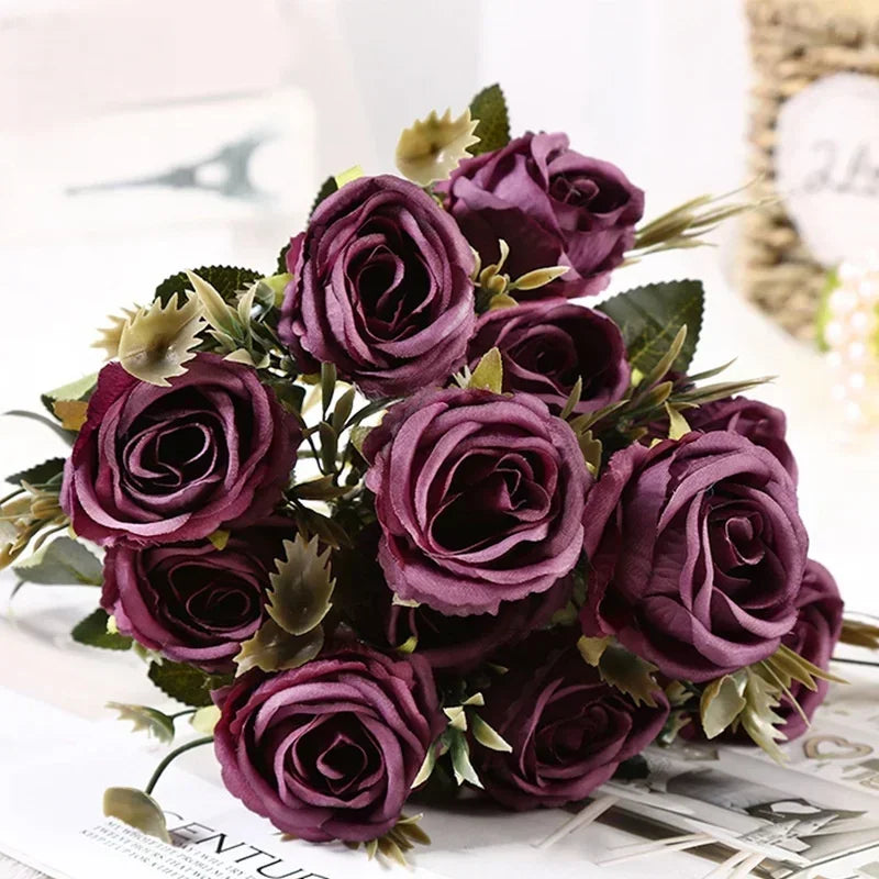 Retro Artificial Roses Bouquet Elegance Bridal Wedding Realistic Roses Flowers Floral Arrangement Ornaments Home Decoration