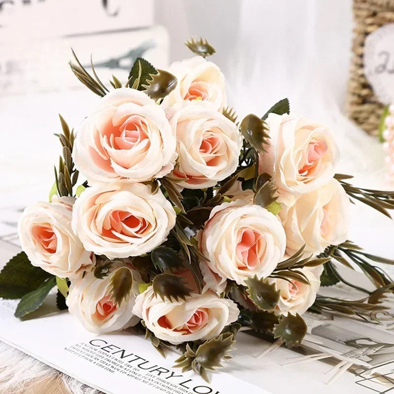 Retro Artificial Roses Bouquet Elegance Bridal Wedding Realistic Roses Flowers Floral Arrangement Ornaments Home Decoration
