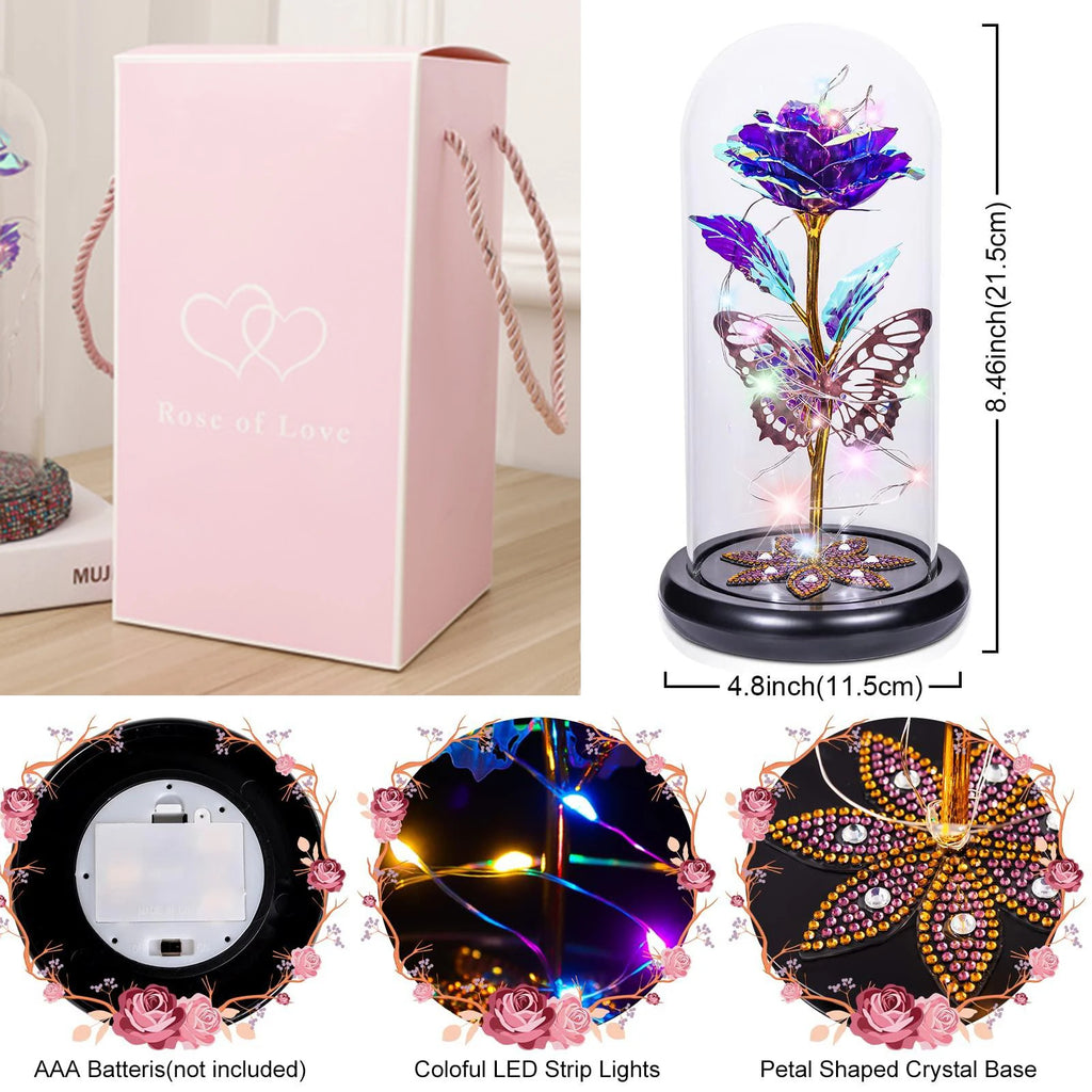 Rosa Galaxy de Cristal en Cúpula de Vidrio con LED — Regalo Cumpleaños, Mamá, Abuela y Esposa