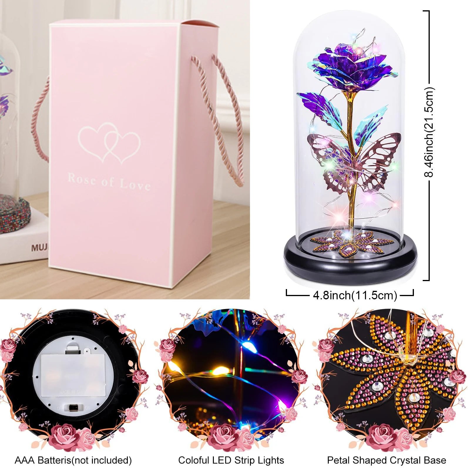 Rosa Galaxy de Cristal en Cúpula de Vidrio con LED — Regalo Cumpleaños, Mamá, Abuela y Esposa