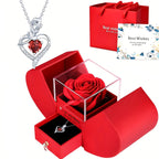 Eternal Rose Double Door Jewelry Box with Heart Shaped Necklace - Perfect Gift for Anniversary, Wedding, Birthday, Jewelry Gift