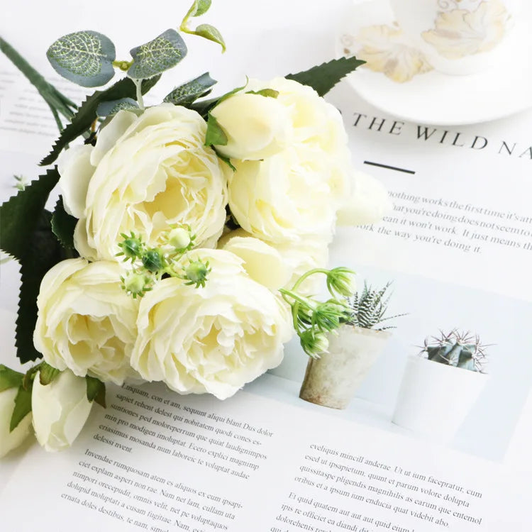 Ramo de Peonía y Rosa de Seda — 12 Colores, Hogar, Boda y Decoración Festiva