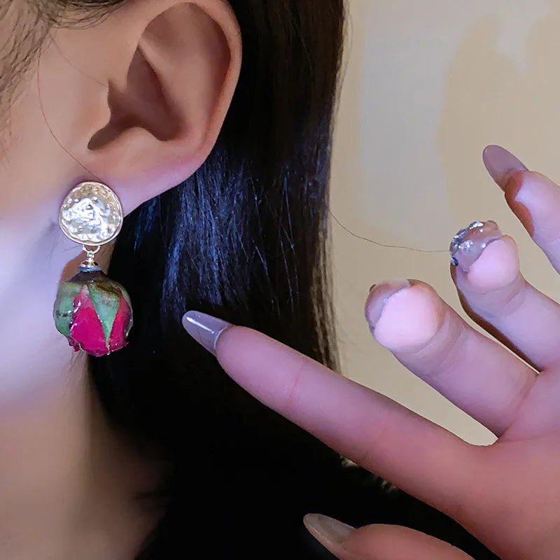 New Red Eternal Rose Dangle Earrings for Women French Elegant Temperament Earring Vintage Luxury Jewelry Manufacturers Wholesale