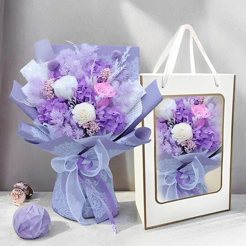 Eternal Preserved Rose,Hydrangea Bouquet Gift Box,Handmade Real Flower Arrangement for Girlfriend,Women,Anniversary,Lasts 3 Year