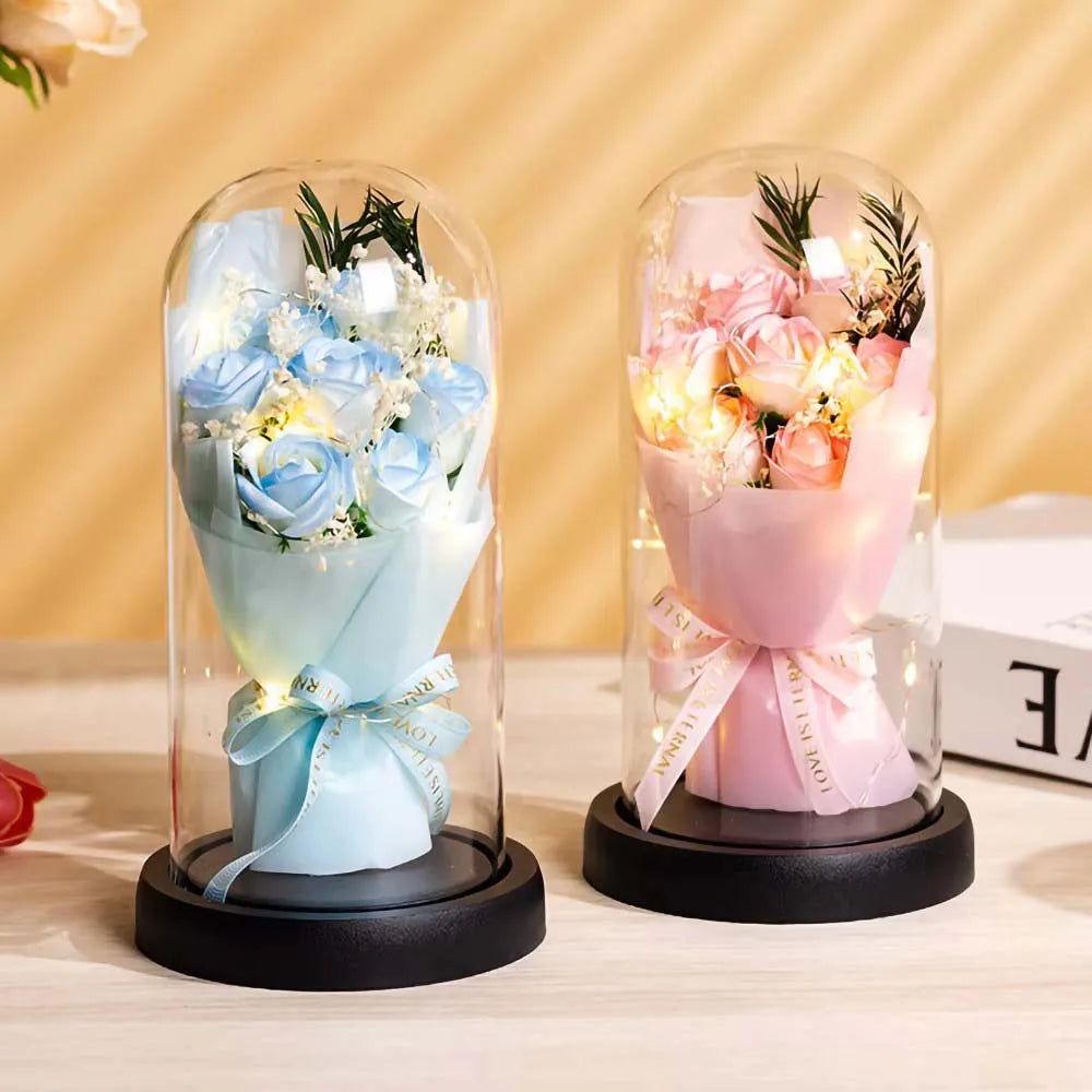 Real Touch Eternal Rose Dome with LED Lights Romantic Home Decor Preserved Flower Gift for Valentine Anniversary Wedding