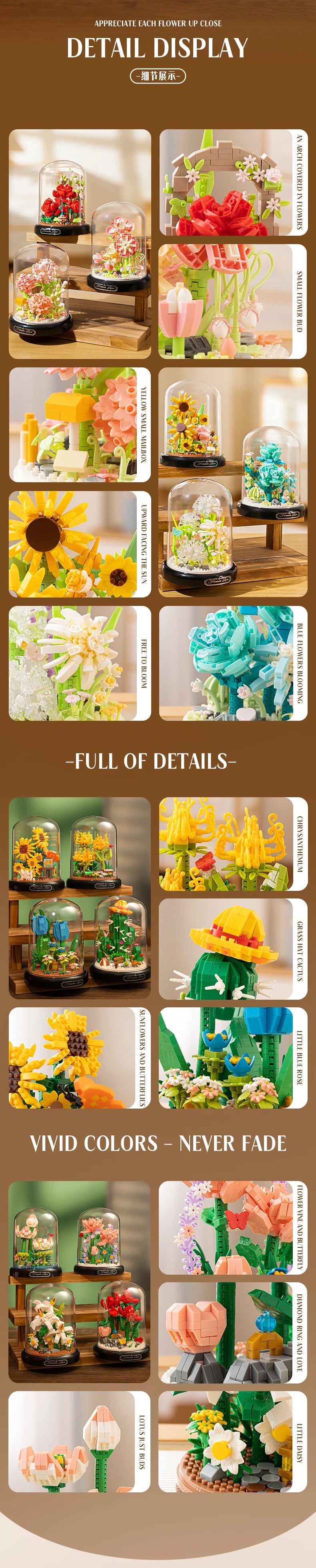Eternal Flower Red Rose Bouquet Desktop Decoration Bonsai Romantic Building Blocks Bricks DIY Toy Valentine's Day Gift for Girls