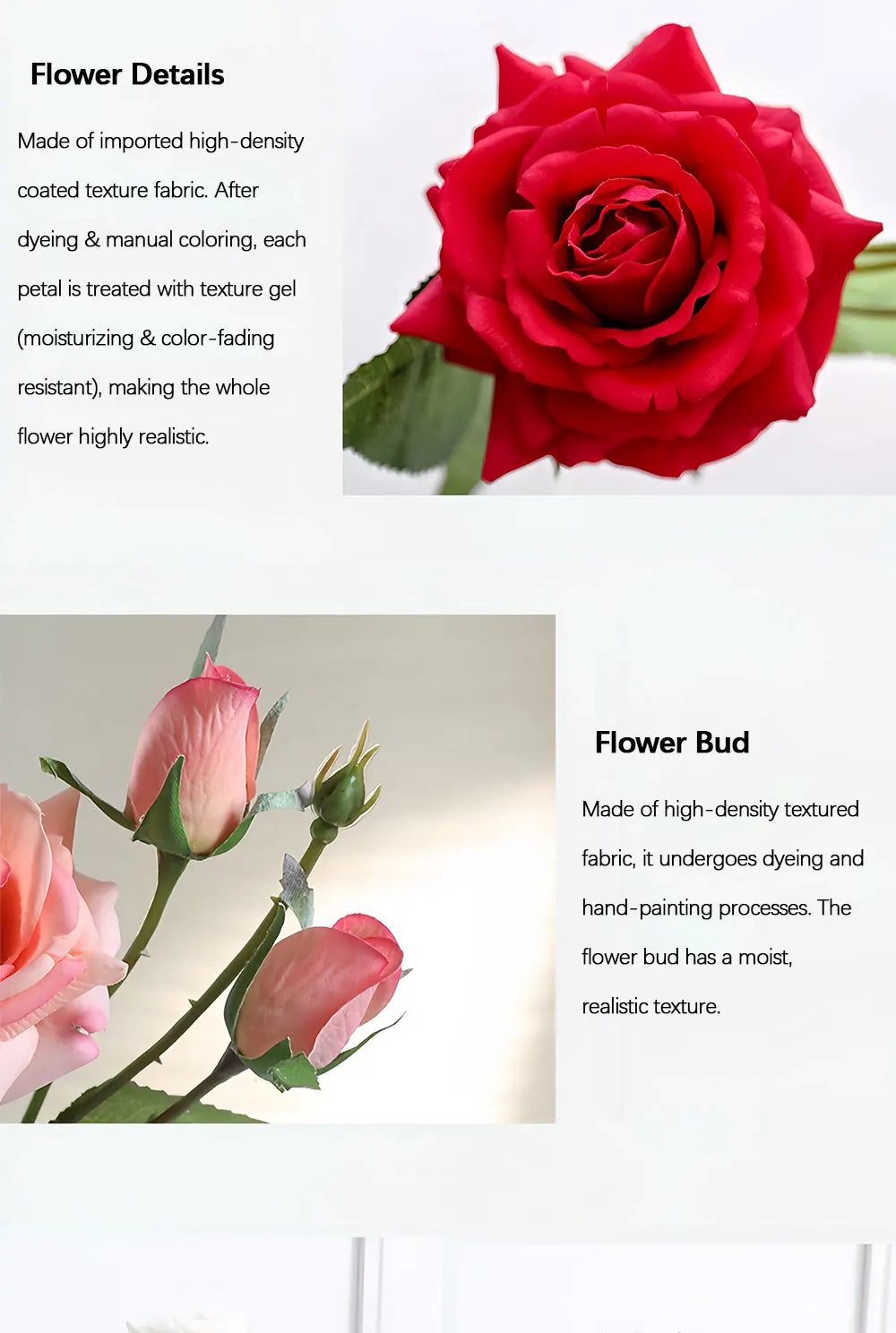 Real Touch Romantic Rose Artificial Flowers (1 Flower + 2 Buds) Moisturizing Texture for Home Decor Wedding Bridal Bouquet