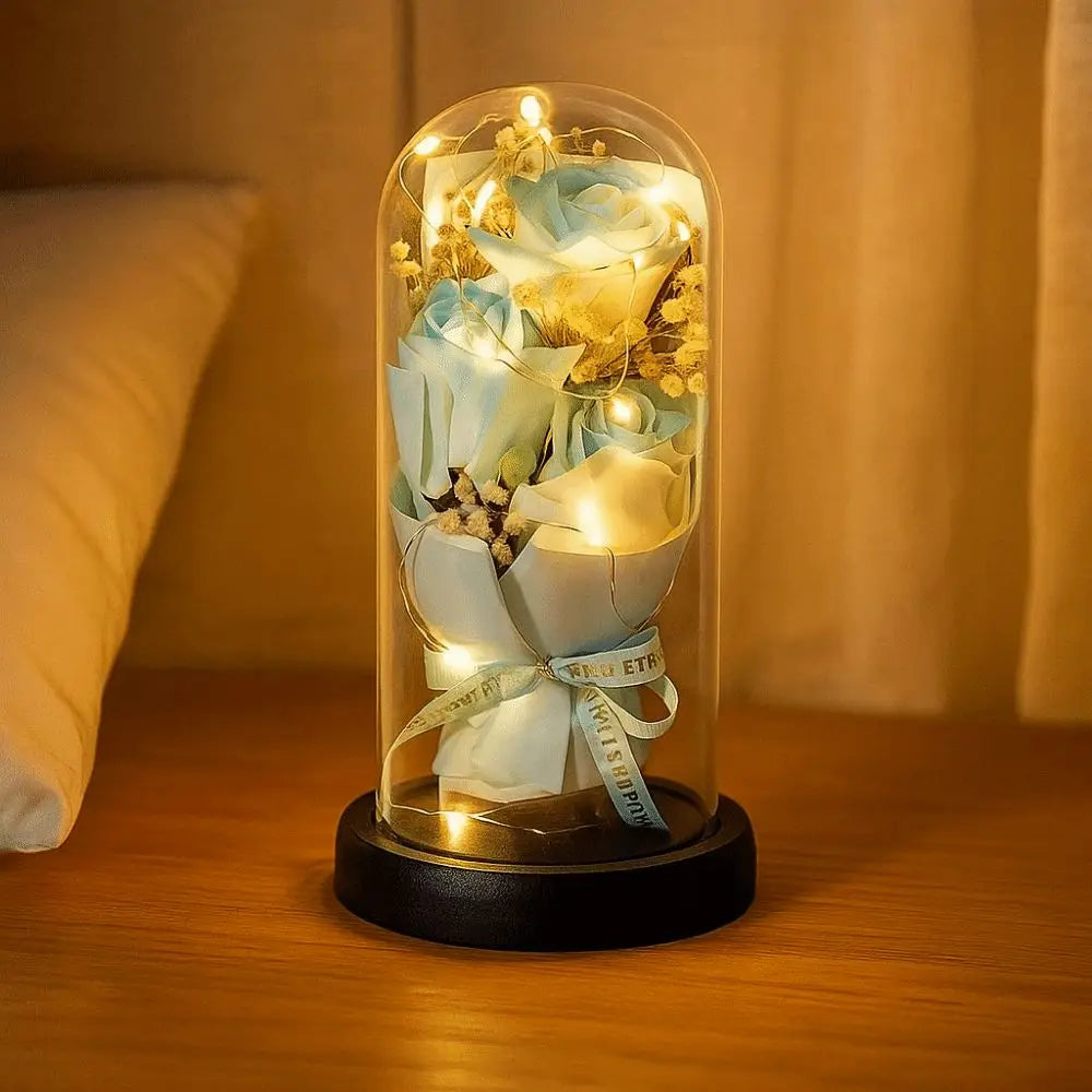 Romantic Eternal Rose Light 3 Heads Soap Flower Transparent Dome Artificial Rose Light Luminous Realistic LED Eternal Flower