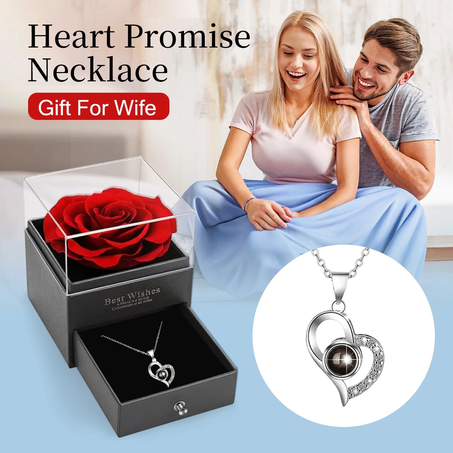 Eternal Rose Love You Necklace 100 Languages Red for Mom, Wife, Valentine's Day Gift, Best Gift for Your Loved One