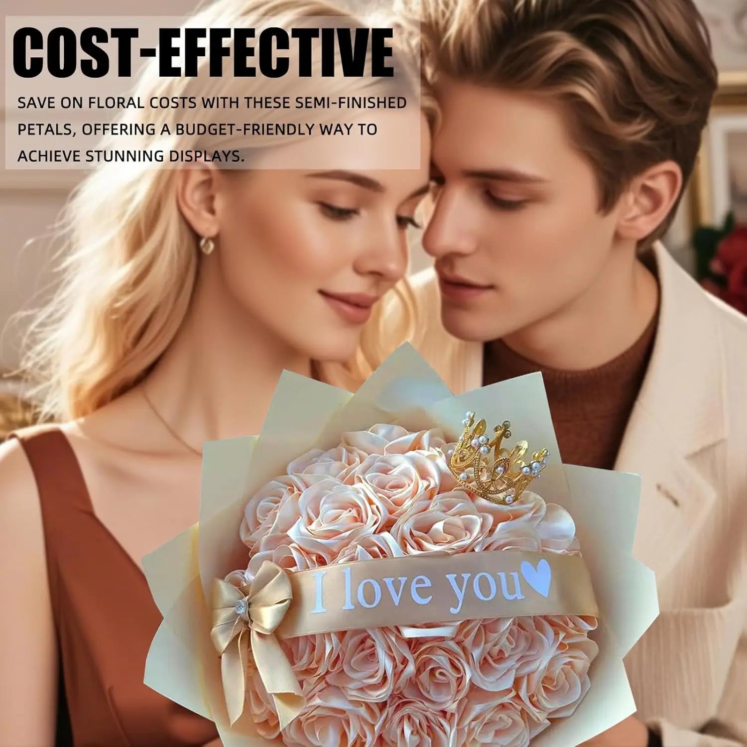 Yannew 300pcs Premade Handcrafted Silk Rose Petals for DIY Eternal Rose Flowers Bouquets with Stem Leaf Birthday Gifts for Women