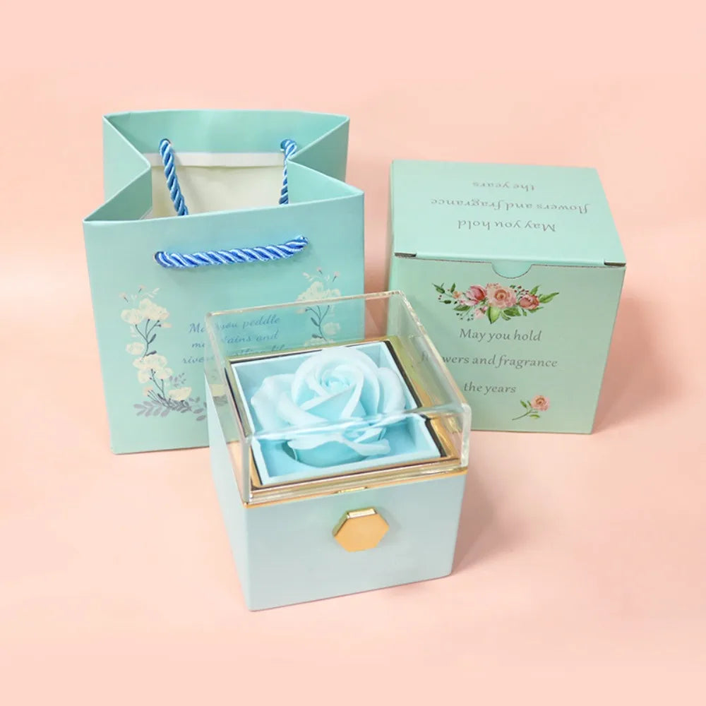 Eternal Rose Rotating Jewelry Box Soap Flower With Gift Bag Ring Box Transparent Lid Acrylic Storage Case Wedding Party