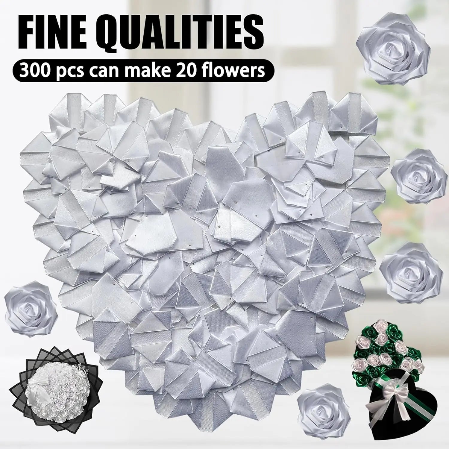 Yannew 300pcs Premade Handcrafted Silk Rose Petals for DIY Eternal Rose Flowers Bouquets with Stem Leaf Birthday Gifts for Women
