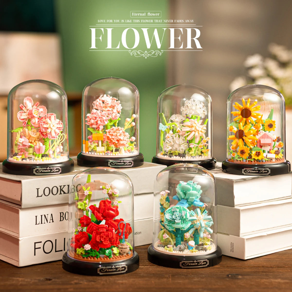 Eternal Flower Red Rose Bouquet Desktop Decoration Bonsai Romantic Building Blocks Bricks DIY Toy Valentine's Day Gift for Girls