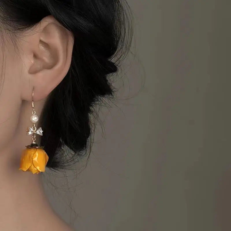 Eternal Flower Rose True Flower Dried Flower Earrings For Women With A Niche Design And Retro Zircon Handmade Earrings