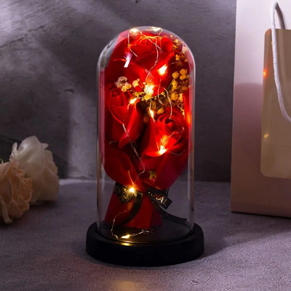 Romantic Eternal Rose Light 3 Heads Soap Flower Transparent Dome Artificial Rose Light Luminous Realistic LED Eternal Flower