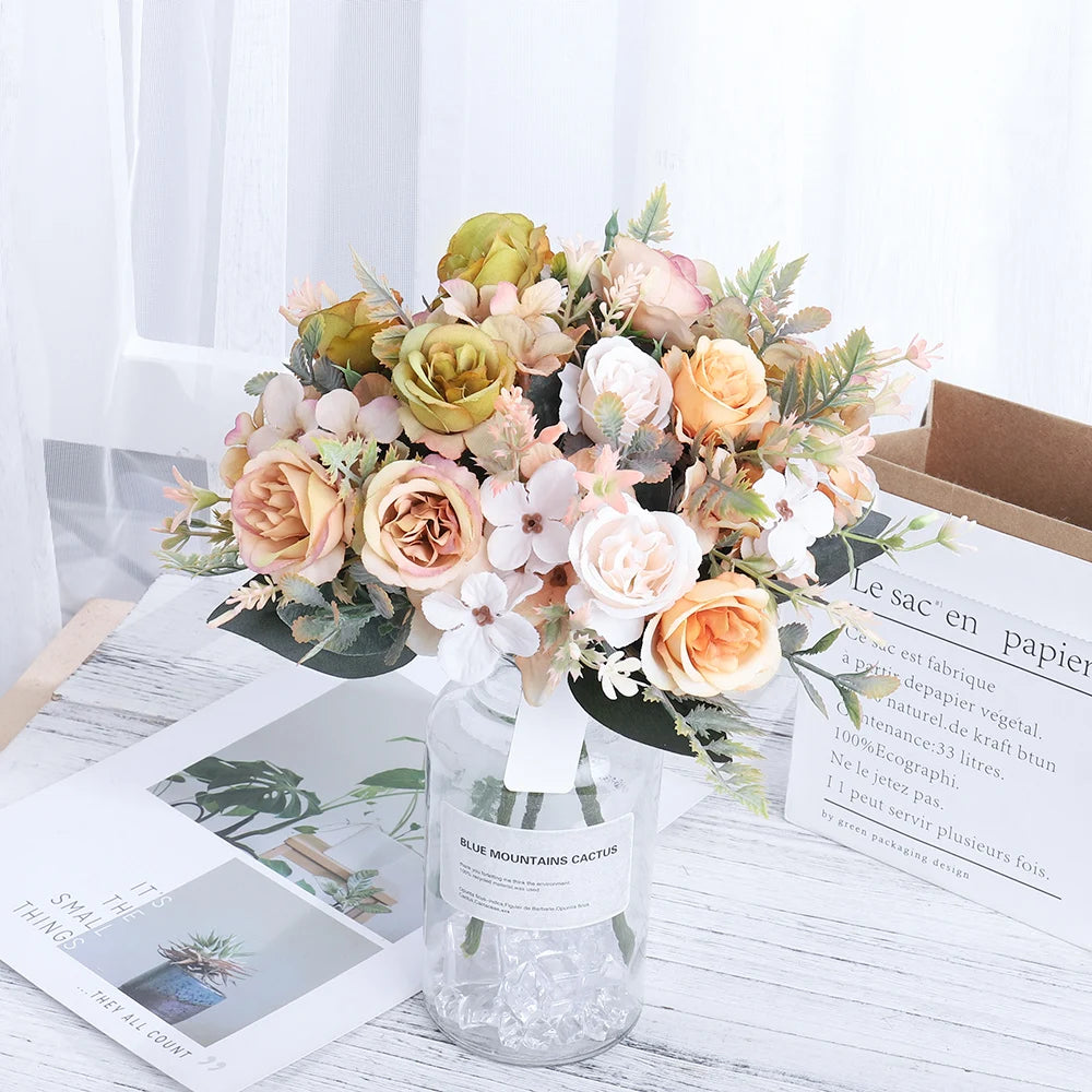 Ramo de Rosas e Hortensias de Seda — 12 Colores, Novia, Fiesta y Mesa