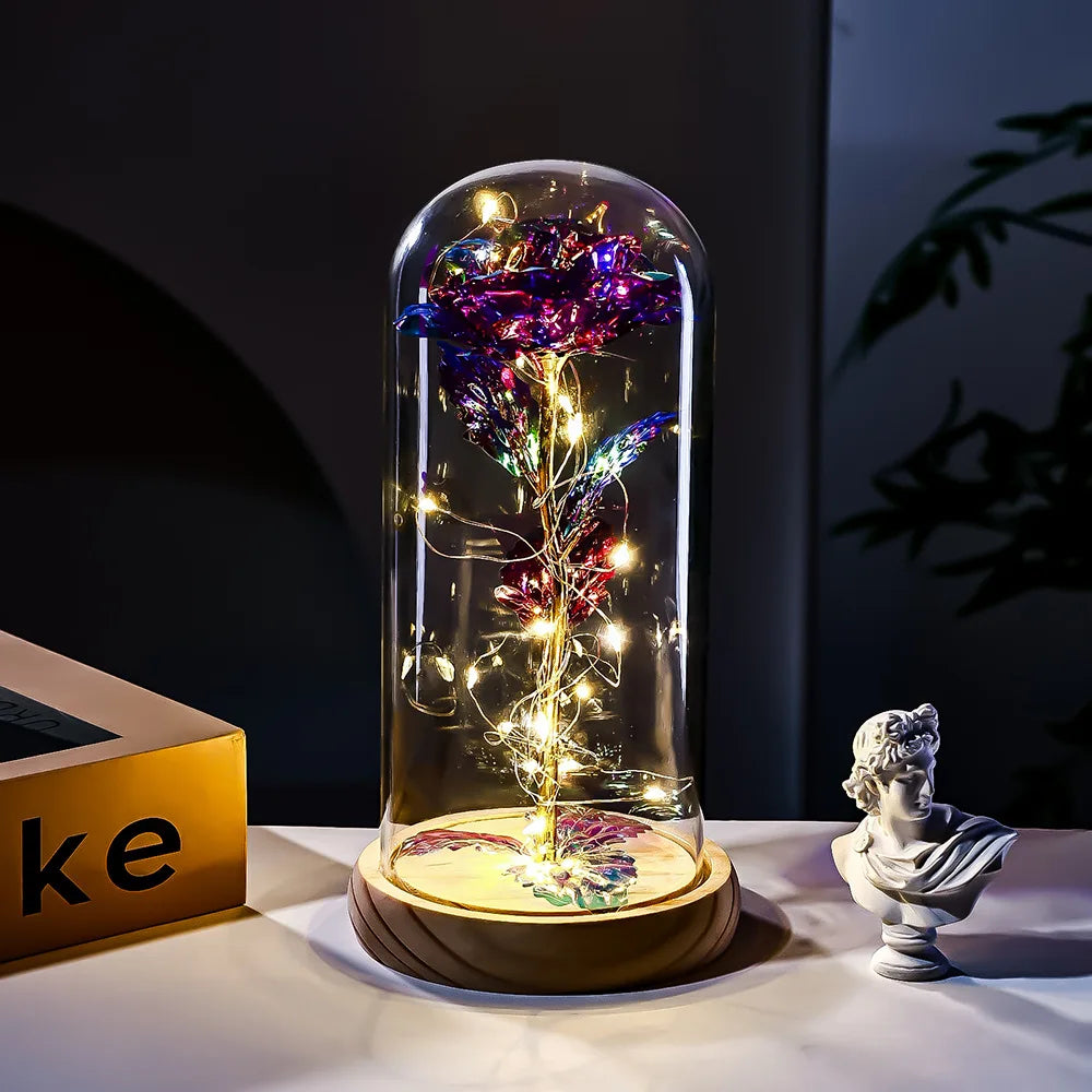 Eternal Rose LED Light glass Cover Flower Valentines Day Gift Wedding Party Decor Artificial Rose Flowers Light Christmas Gift