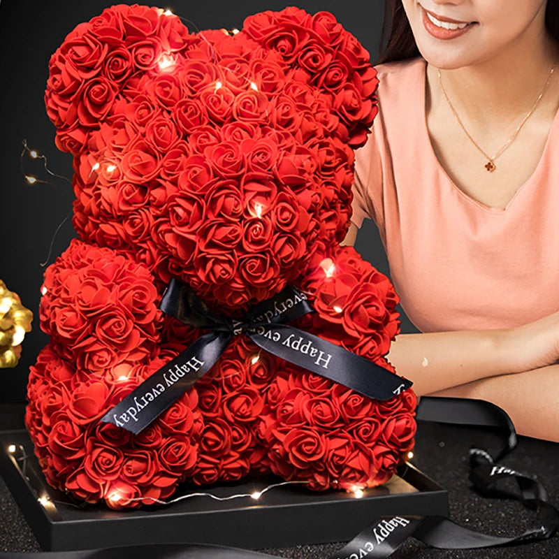 Oso de Rosas con Caja y Luz LED — Regalo Romántico, 7 Colores, San Valentín
