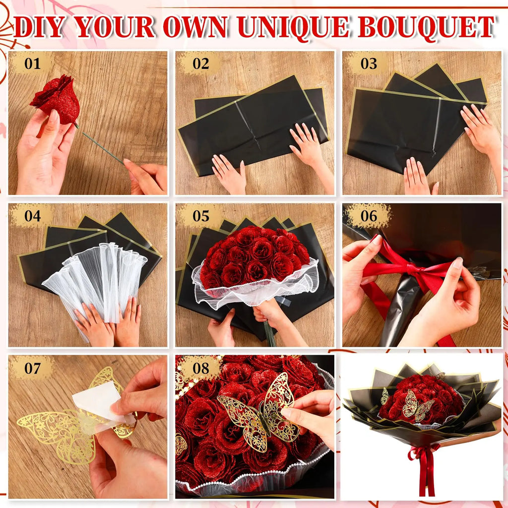 Glitter Artificial Eternal Red Rose Bouquet Forever Roses Flower Bouquet Silk Fake Rose Flower Valentine's Day Birthday Gift