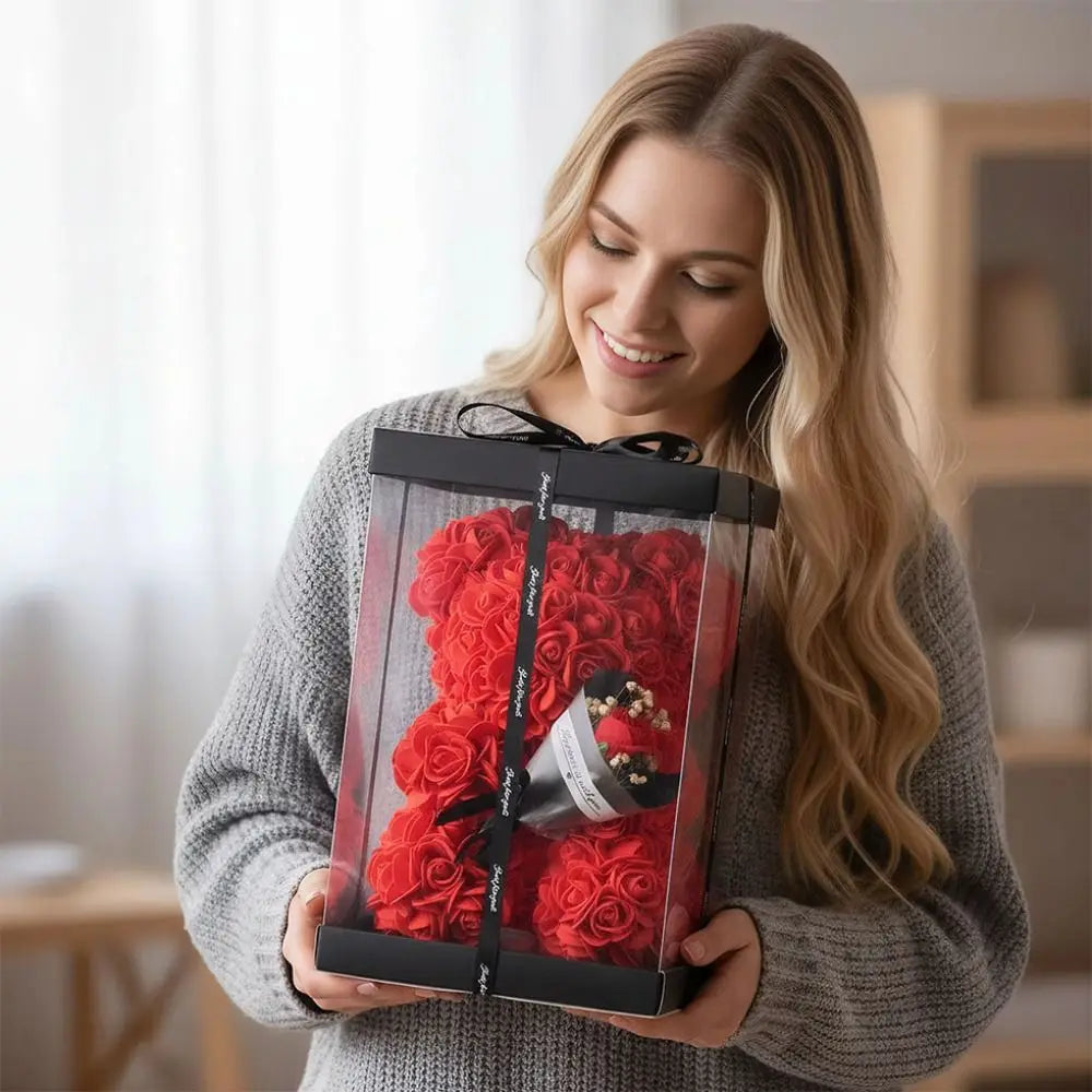 24cm Size Eternal Rose Bear Long Lasting Foam Flowers Rose Bear Artificial Rose Creative Design Artificial Flower Gift