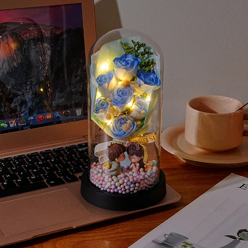 Wedding Birthday Valentine Day Gift Eternal Rose Flower Colorful Luminous Ornament for Women Mom Girlfriend Wife Home Decoration