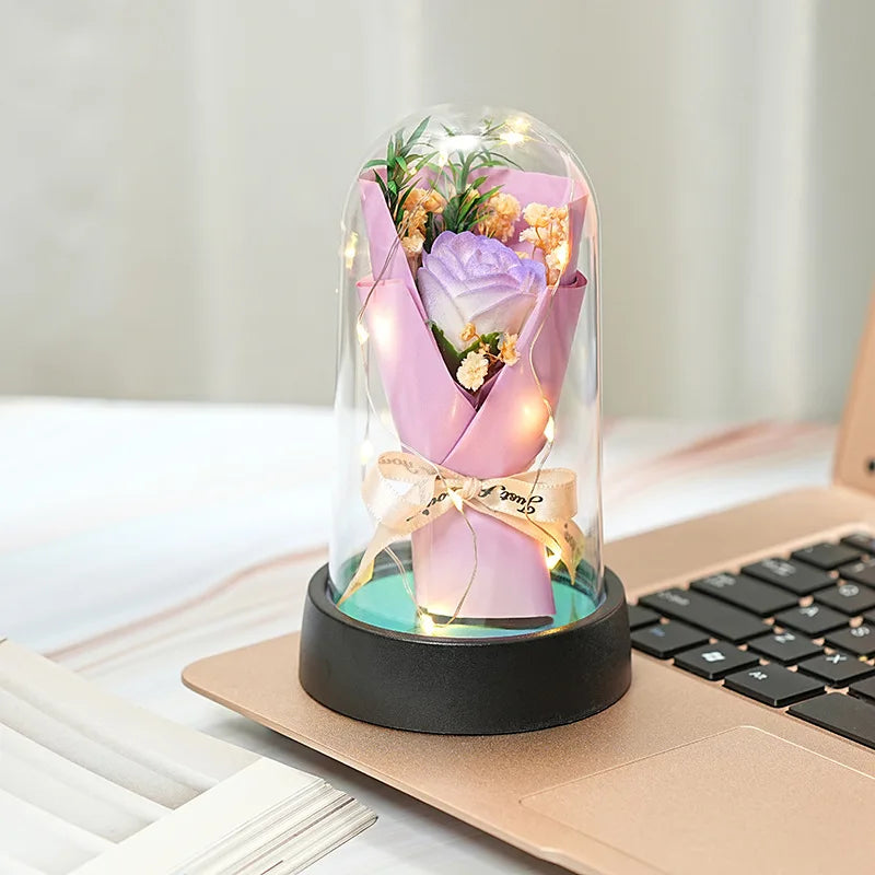 Everlasting Rose LED Glass Dome Bouquet Romantic Illuminated Ornament Perfect Valentine's Day Christmas Home Decor Romantic Gift