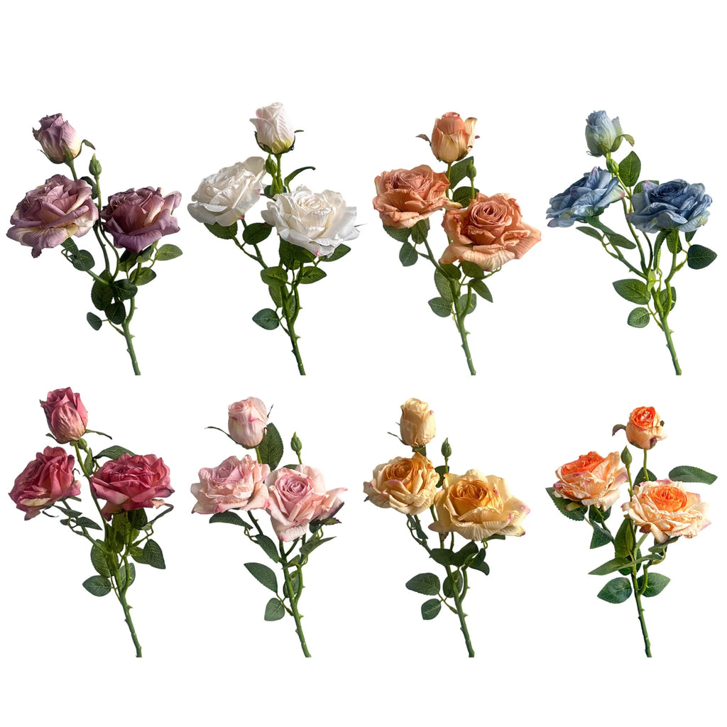 Rosa de Seda Borde Quemado Estilo Francés — Tallo 3 Cabezas, 8 Colores, Boda y Eventos