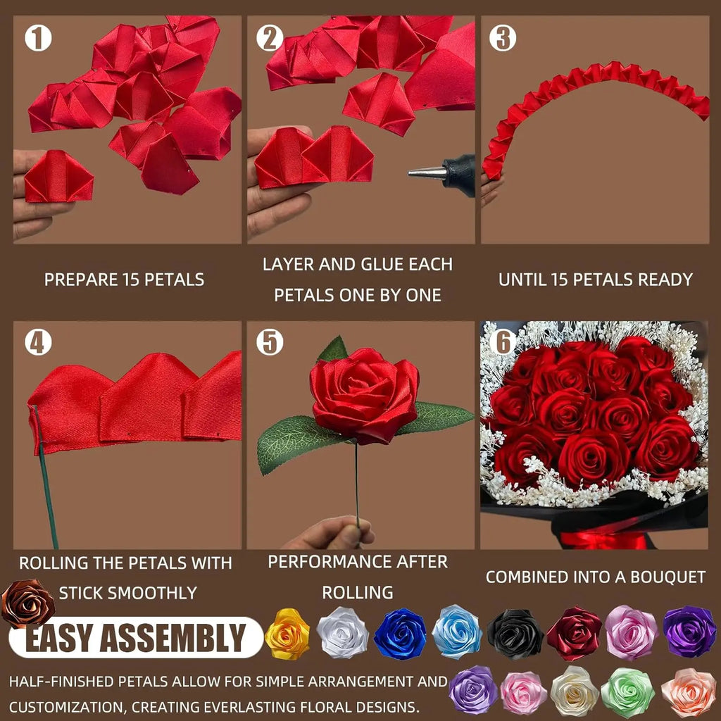 Yannew 300pcs Premade Handcrafted Silk Rose Petals for DIY Eternal Rose Flowers Bouquets with Stem Leaf Birthday Gifts for Women