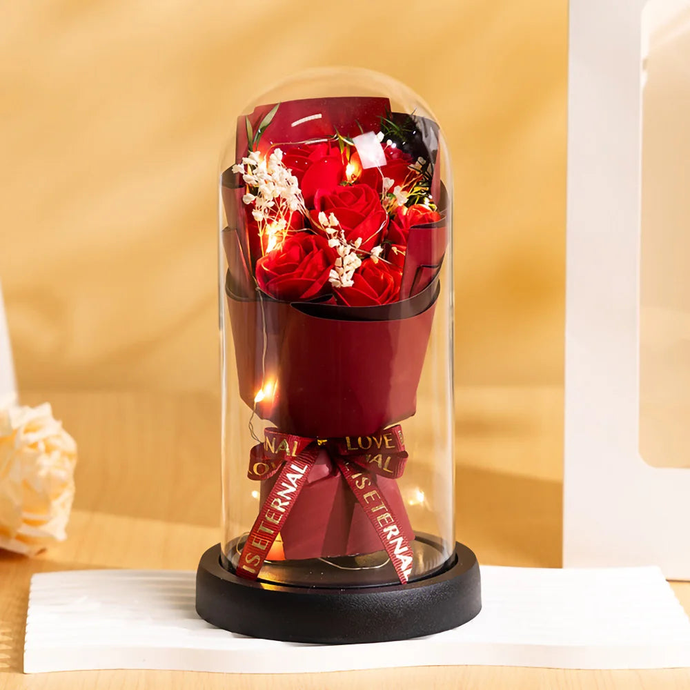 Eternal Rose LED Light Acrylic Cover Flower Valentines Day Gift Wedding Party Decor Artificial Rose Flowers Light Christmas Part
