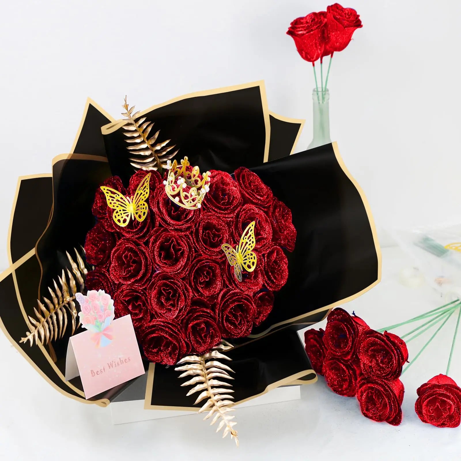 Glitter Artificial Eternal Red Rose Bouquet Forever Roses Flower Bouquet Silk Fake Rose Flower Valentine's Day Birthday Gift