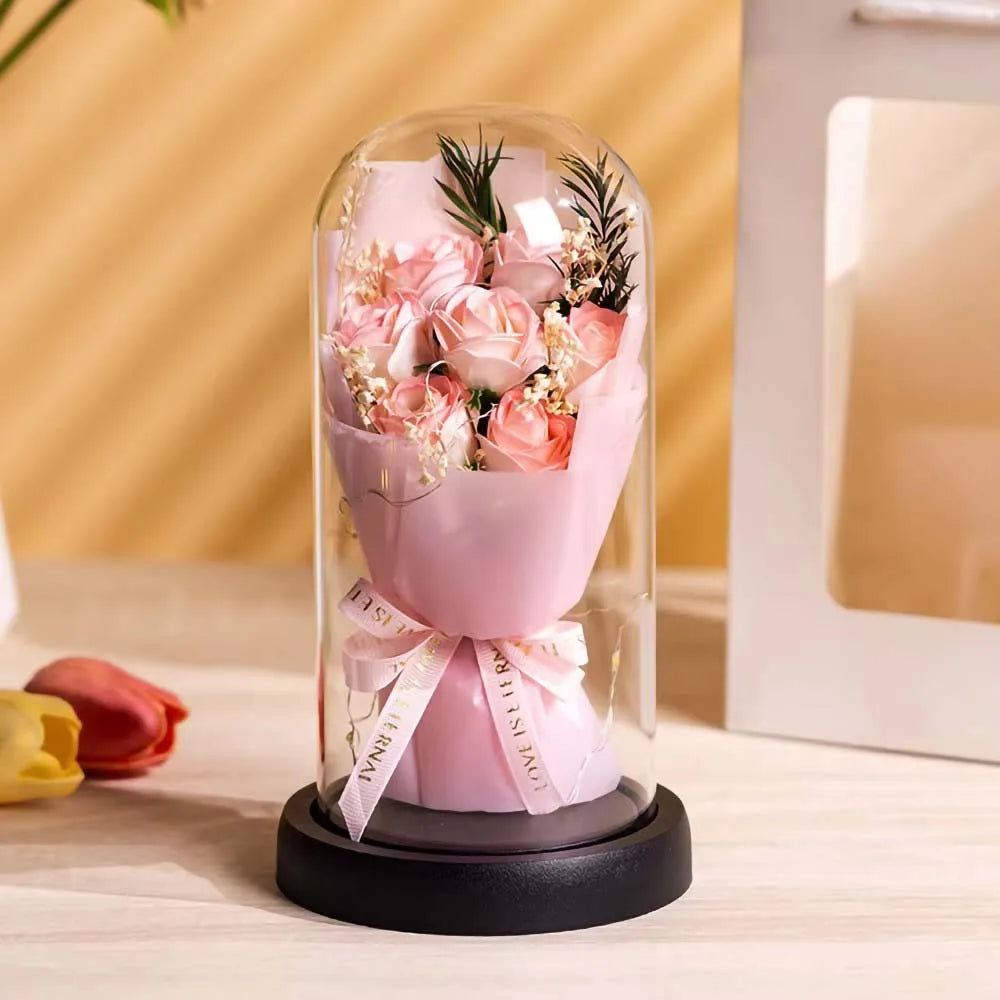 Real Touch Eternal Rose Dome with LED Lights Romantic Home Decor Preserved Flower Gift for Valentine Anniversary Wedding