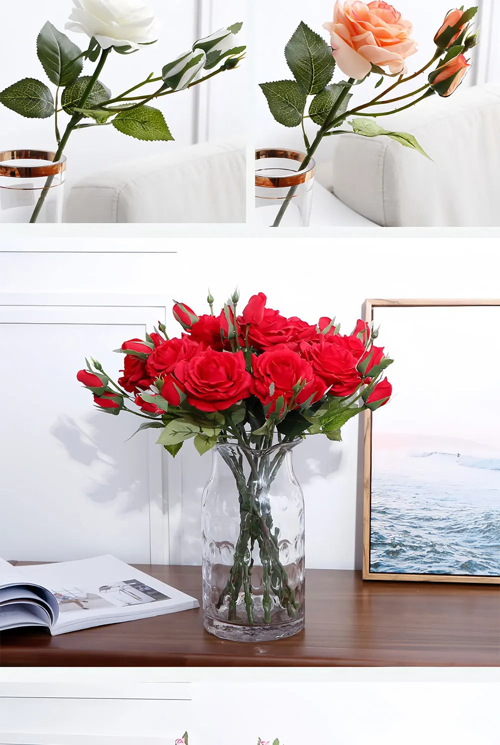 Real Touch Romantic Rose Artificial Flowers (1 Flower + 2 Buds) Moisturizing Texture for Home Decor Wedding Bridal Bouquet