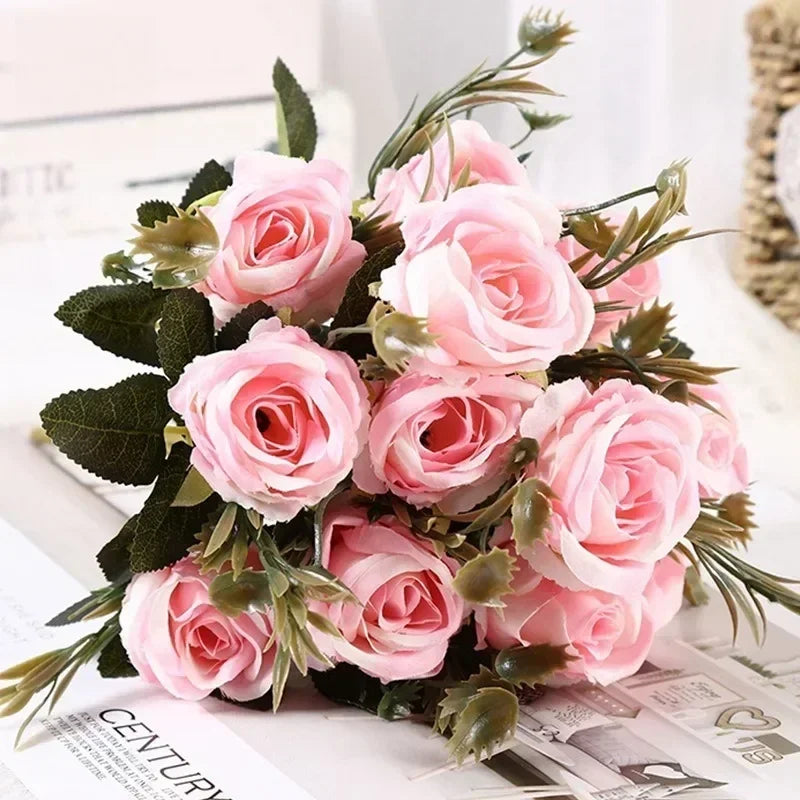 Retro Artificial Roses Bouquet Elegance Bridal Wedding Realistic Roses Flowers Floral Arrangement Ornaments Home Decoration