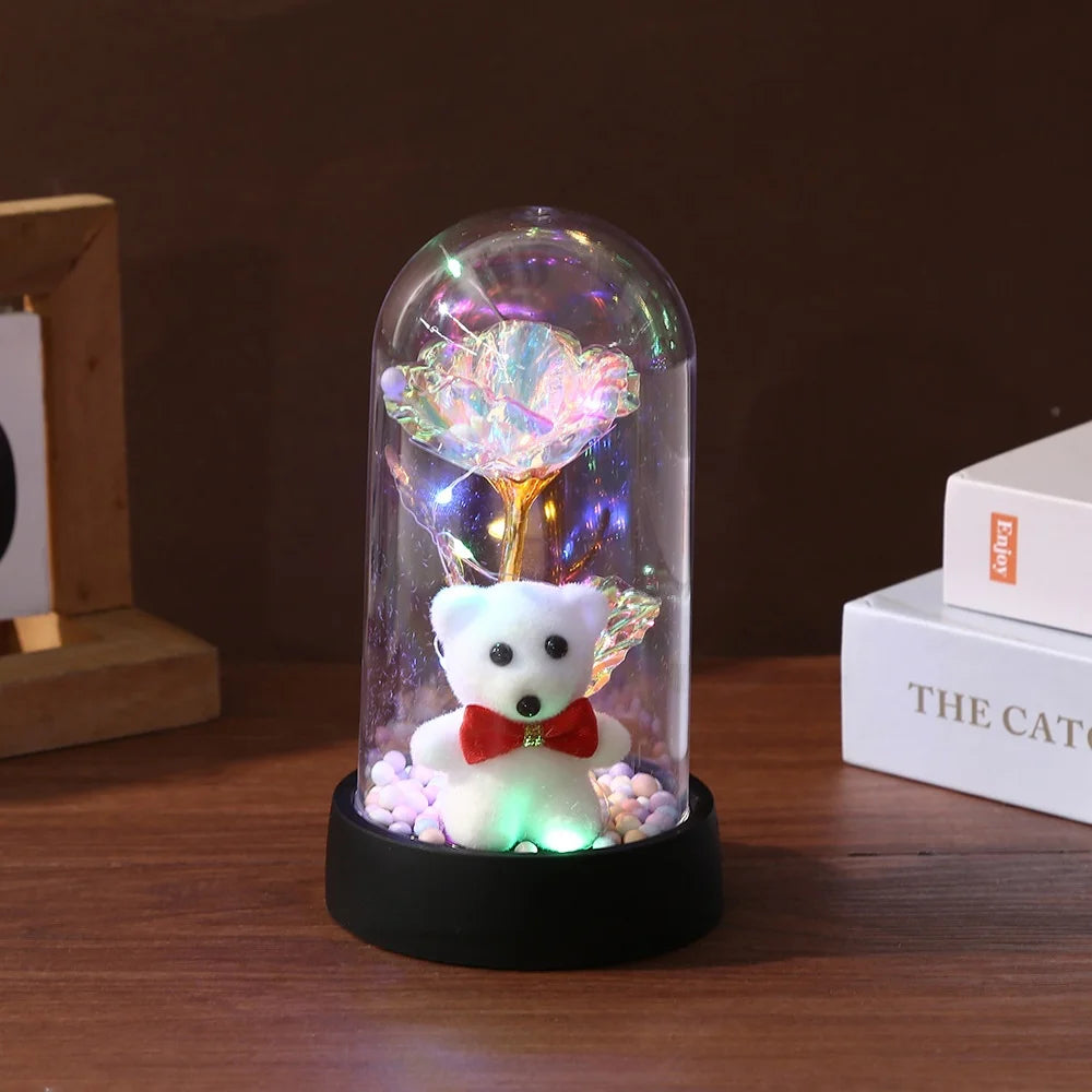 Artificial Rose Foil Flower Bear Decoration with LED Light for Girlfriend Eternal Rose Valentine's Day Wedding Christmas Gifts