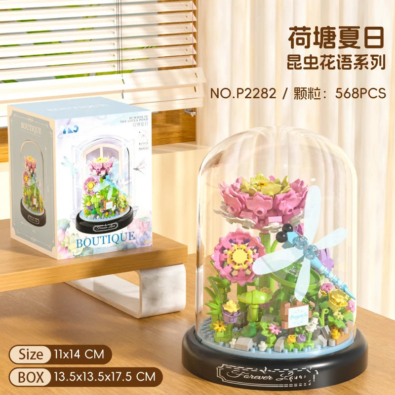 Eternal Flower Red Rose Bouquet Desktop Decoration Bonsai Romantic Building Blocks Bricks DIY Toy Valentine's Day Gift for Girls