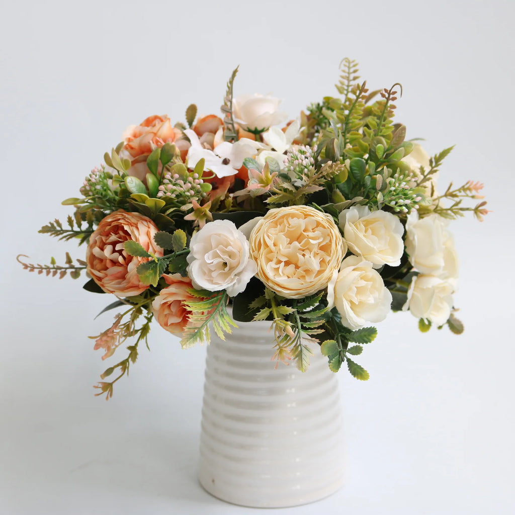 Ramo Retro de Peonía y Rosa de Seda — Decoración Otoño, Hogar y Bodas, 4 Colores