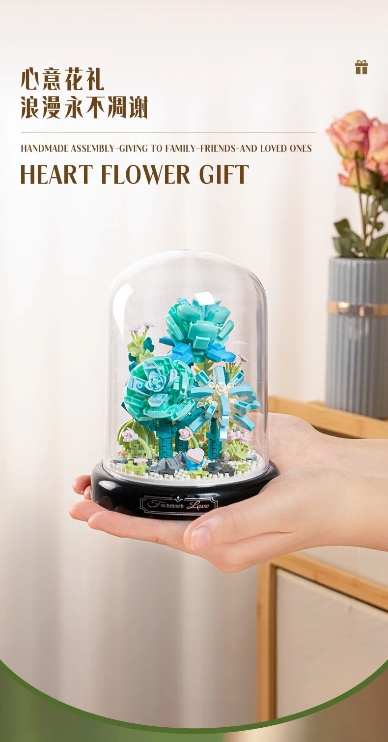 Eternal Flower Red Rose Bouquet Desktop Decoration Bonsai Romantic Building Blocks Bricks DIY Toy Valentine's Day Gift for Girls
